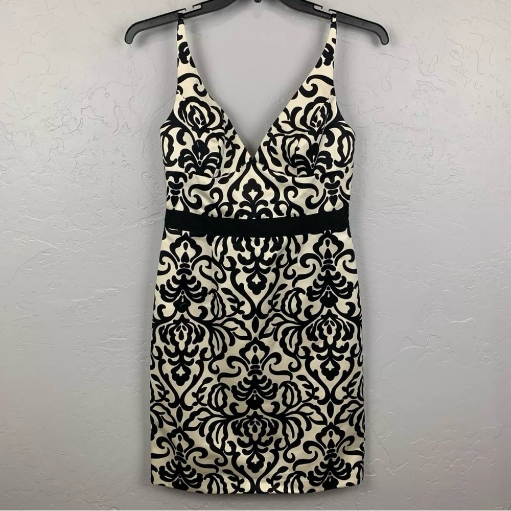 Milly of New York Damask Print Dress Size 6 Black Cream A Line Ribbon Trim